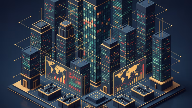 월스트리트 거래소 내부의 데이터 차트와 세계 지도