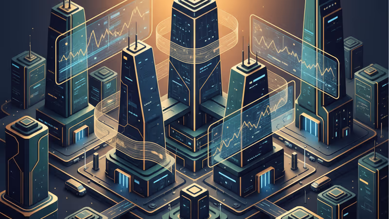 ウォール街の株価チャートと銀行のロゴが並ぶ金融分析画面