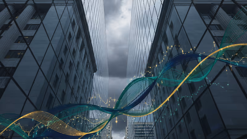 The Federal Reserve building under dark clouds with a reflection of Wall Street skyscrapers