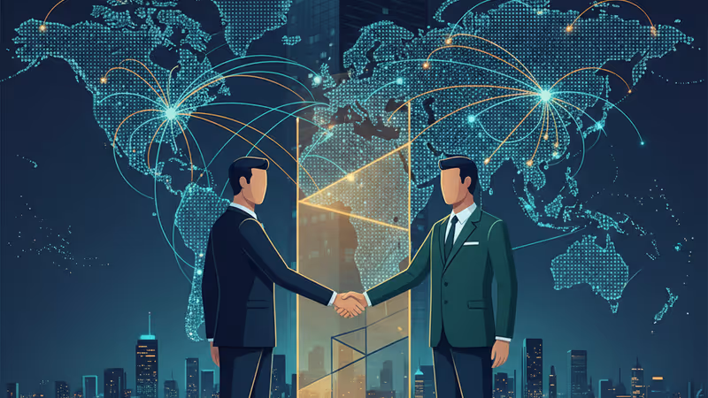 巨大な銀行の影が地域銀行とデジタル回路を覆う様子