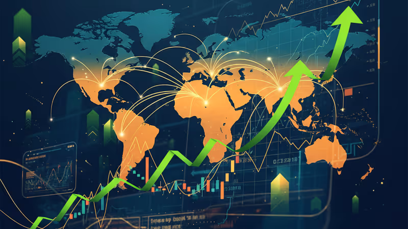象徵經濟成長與市場樂觀情緒的黎明都市與上升箭頭意象