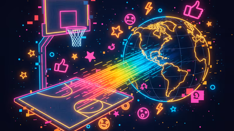 NBA 농구 코트와 디지털 연결망이 결합된 이미지