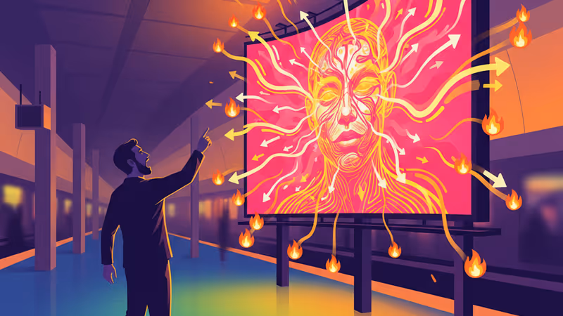 一個人在繁忙城市中看到自己出現在巨大廣告牌上的震驚背影