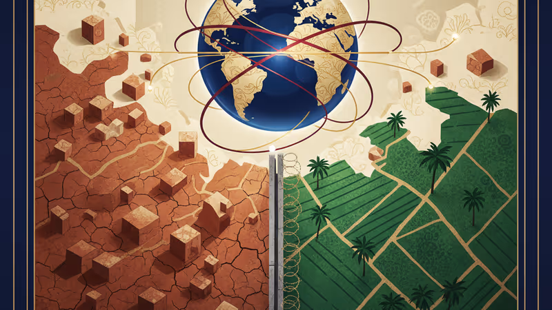 水資源の格差を示す、緑の入植地と枯れたパレスチナの温室の対比