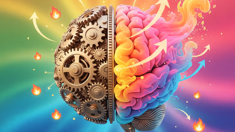 기하학적 구조와 유동적인 구름이 결합된 뇌 이미지