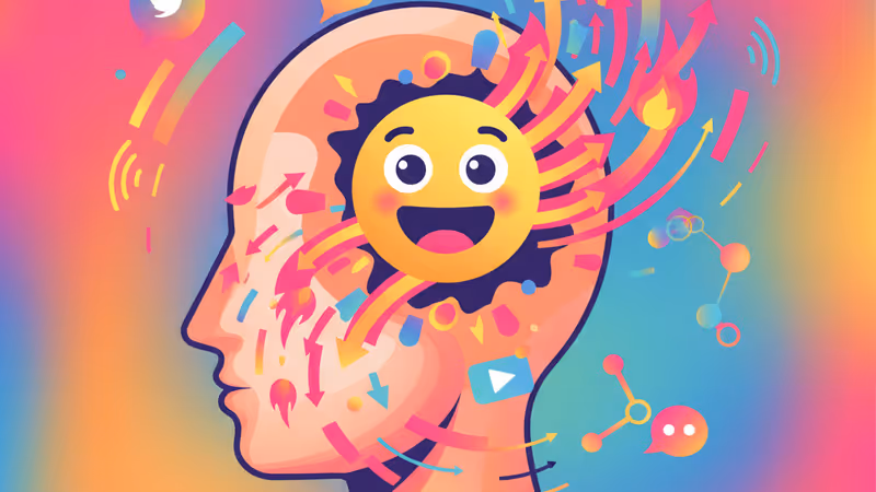 사람의 머리 속에 웃는 이모지와 유머 아이콘이 담긴 심리학 분석 이미지