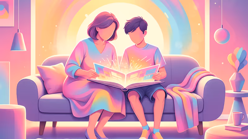 An aunt and her nephew laughing together in a warm living room while looking at photos