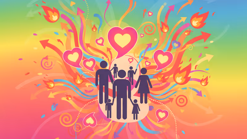 Silhouettes of various family structures with speech bubbles