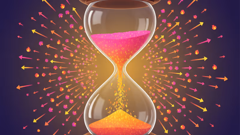 디지털 모래시계 내부에서 빛나는 바이너리 코드가 쏟아지는 모습