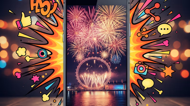 거실 TV 화면으로 보이는 시드니 항구의 화려한 새해 불꽃놀이 생중계 장면