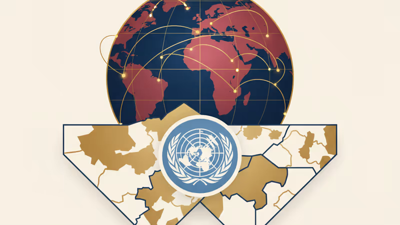 Abstract representation of misaligned border maps with UN logo