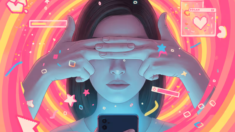 Person peeking through fingers at a glowing smartphone screen