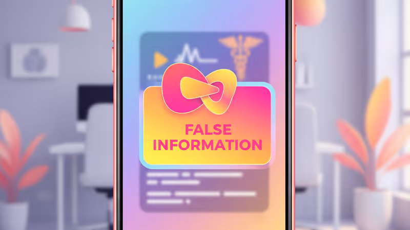 스마트폰 화면에 표시된 의학 경고 아이콘과 병원 배경