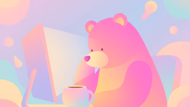 Illustration of Bello Bear sitting at a desk with a mug