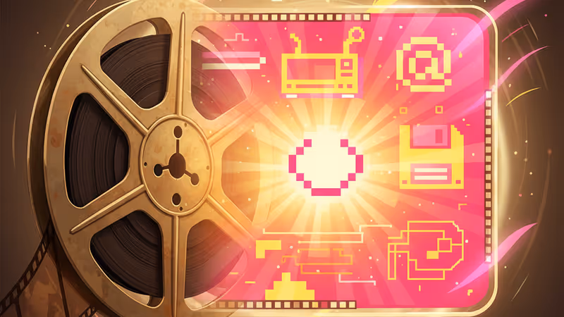 Vintage cinema projector and modern film screen blending together