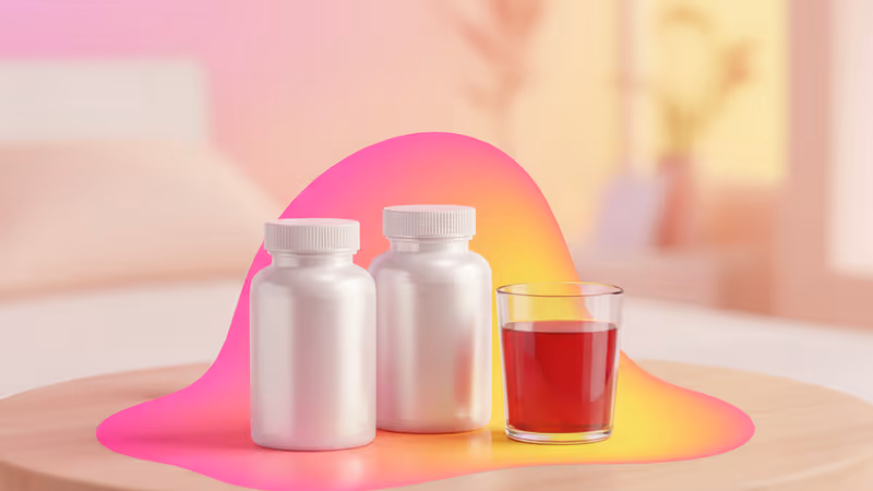 A bottle of magnesium supplements and a glass of cherry juice on a wooden nightstand.