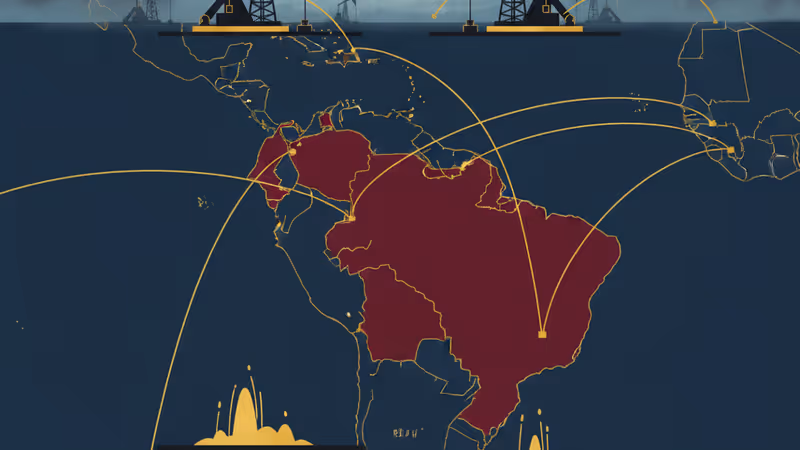 Industrial oil extraction facility in Venezuela under a dramatic sky