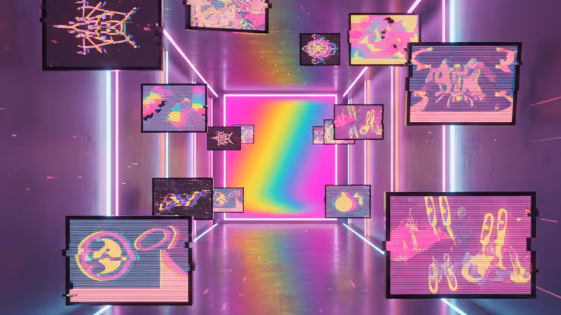 A futuristic digital space filled with glitchy meme monitors