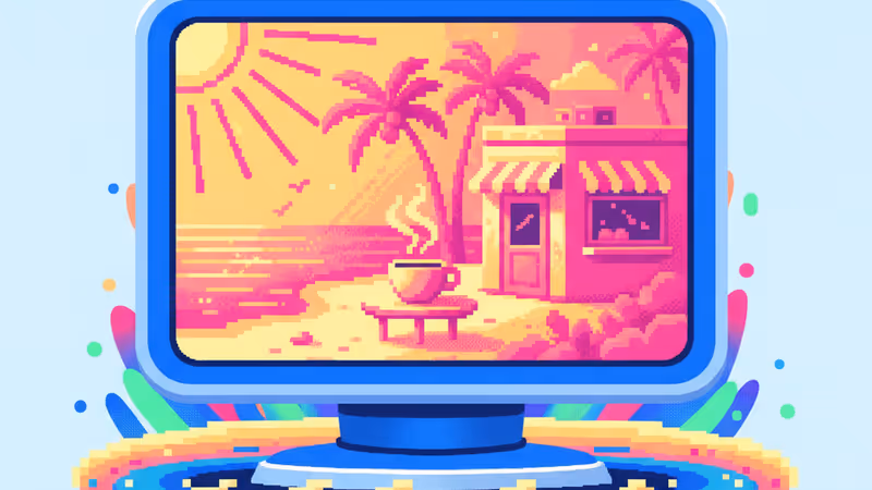 海邊度假咖啡廳模擬遊戲介面，展現療癒放鬆的氛圍