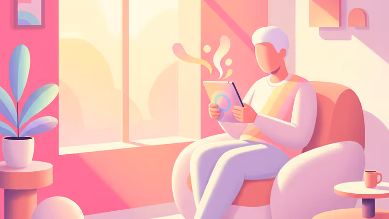 따뜻한 햇살이 비치는 창가에서 스마트폰을 보며 미소 짓는 사람