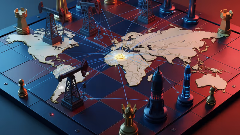 A high-tech digital representation of global geopolitical tension