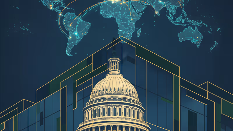The US Capitol building contrasting with digital asset themes