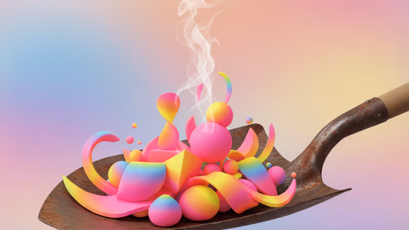 삽과 돌 위에 서빙된 음식이 놓인 지저분한 레스토랑 테이블 전경