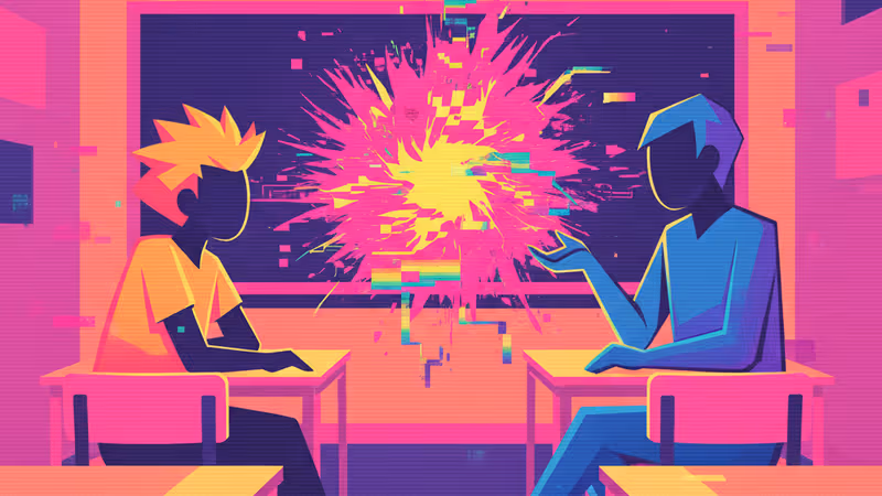 教室で驚いた表情を見せる教師と、自信ありげな生徒の様子