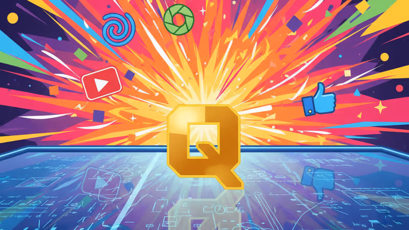 A golden letter Q block on a lab table with scientific diagrams