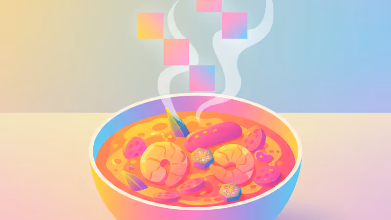 Steaming bowl of authentic Louisiana gumbo with Wordle grid overlay