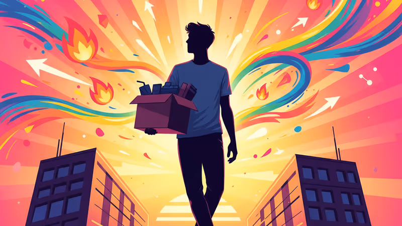 暗いオフィスで決意を固める若者と泥酔した上司の影