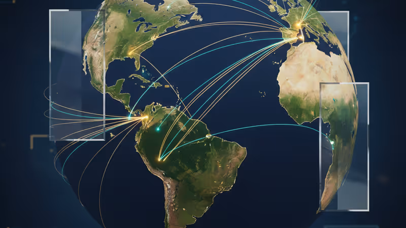 관세 장벽을 상징하는 유리벽 사이로 빛나는 지구본과 경제 지표들