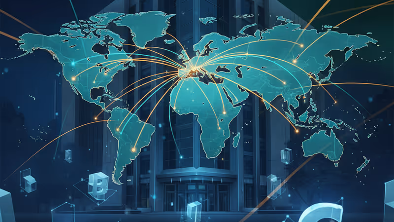 Digital currency symbols in front of a federal building