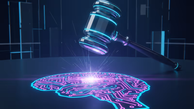 A digital gavel resting on a circuit board, symbolizing AI regulation.