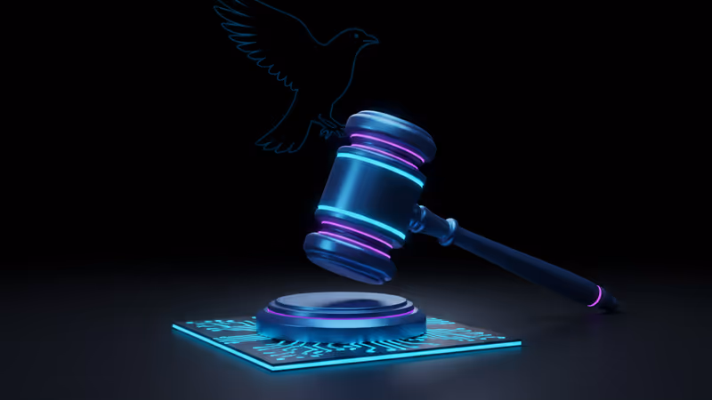 X 로고와 법치를 상징하는 법봉이 결합된 디지털 이미지