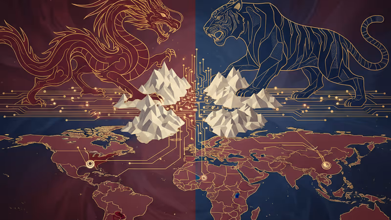 以亞洲地圖為背景，描繪兩國領導人剪影與日益擴大的技術鴻溝。