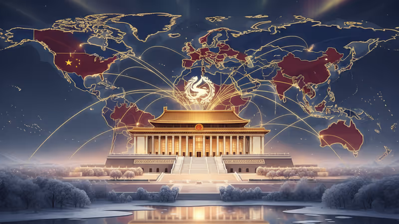 베이징 도심 마천루 위로 떠오르는 태양과 반도체 그래픽