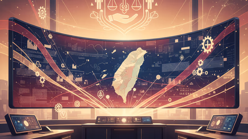 結合科技數據流與台海地圖的戰略分析示意圖