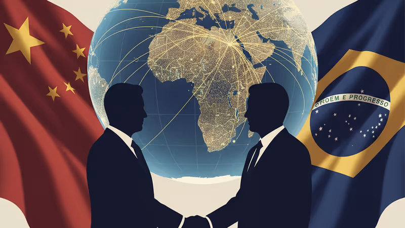 中国とブラジルの国旗が重なり合う背景に、デジタルな世界地図が広がるイメージ。