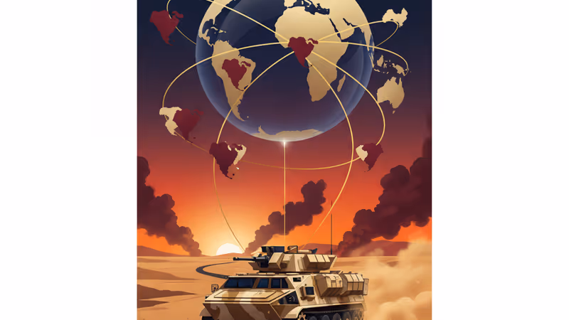 중동의 먼지 날리는 도로를 달리는 장갑차와 멀리서 피어오르는 연기