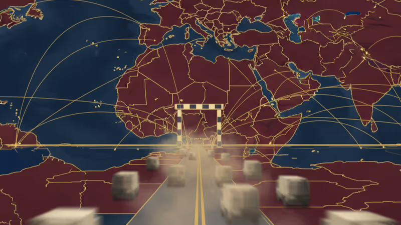 Military and aid vehicles on a dusty road toward the Rafah crossing