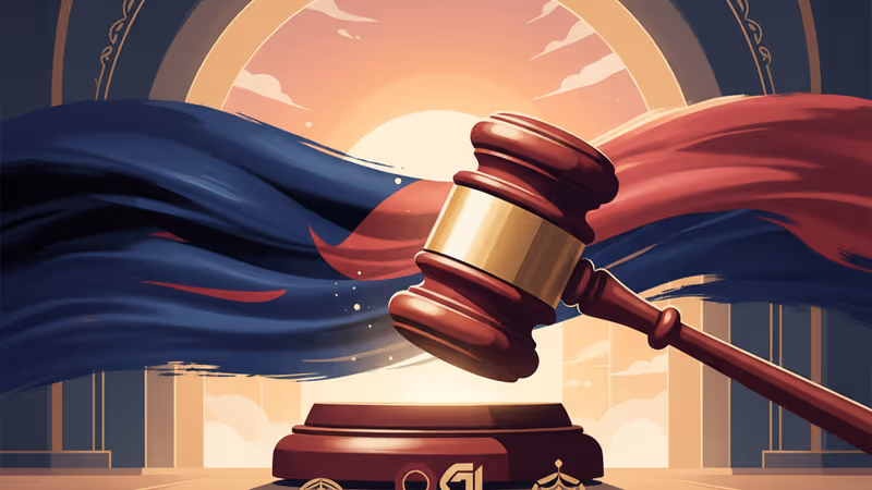 法槌與韓國國旗，象徵尹錫悅前總統在首爾法院接受司法審判。