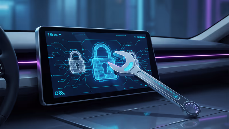 자동차 데이터 스트림 위에 디지털 자물쇠가 걸려 있는 모습