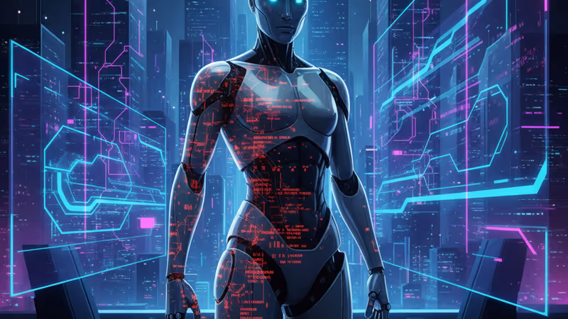 해킹되어 붉은색 빛을 내는 휴머노이드 로봇의 상반신 전경