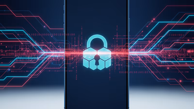 디지털 보안 잠금 아이콘이 표시된 스마트폰과 붉은색 경고 코드가 흐르는 배경