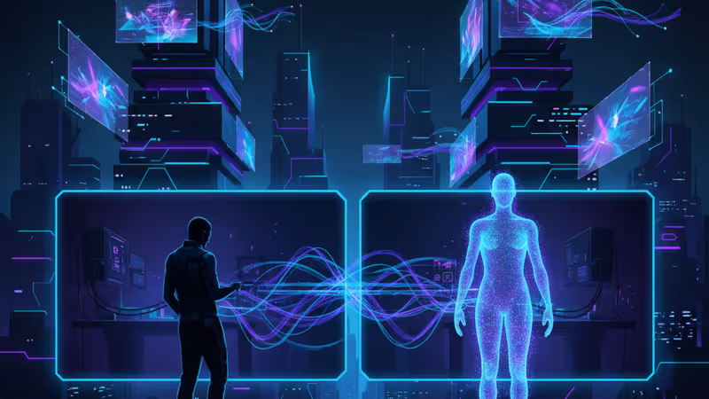 크리에이터의 홀로그램 아바타가 떠 있는 디지털 인터페이스 전경