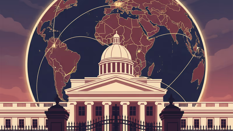 Drone silhouette over a government building at dusk