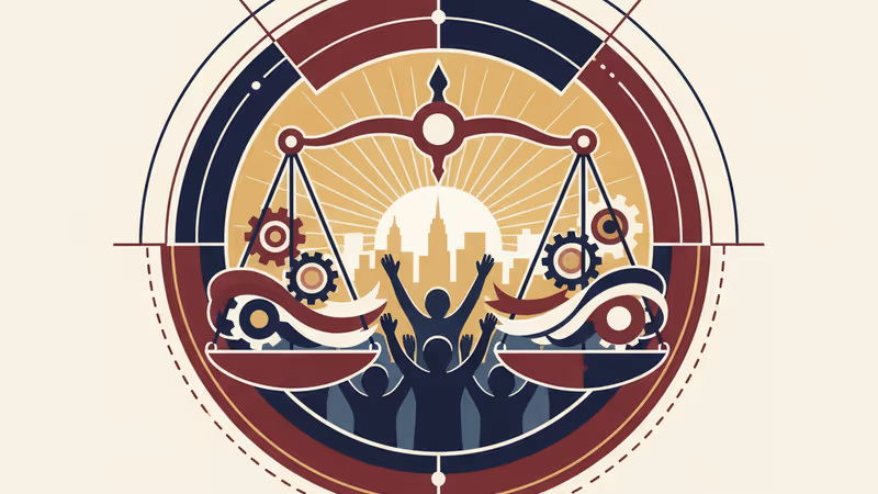 ニューヨークの街並みと新しい政治の夜明けを象徴する抽象画